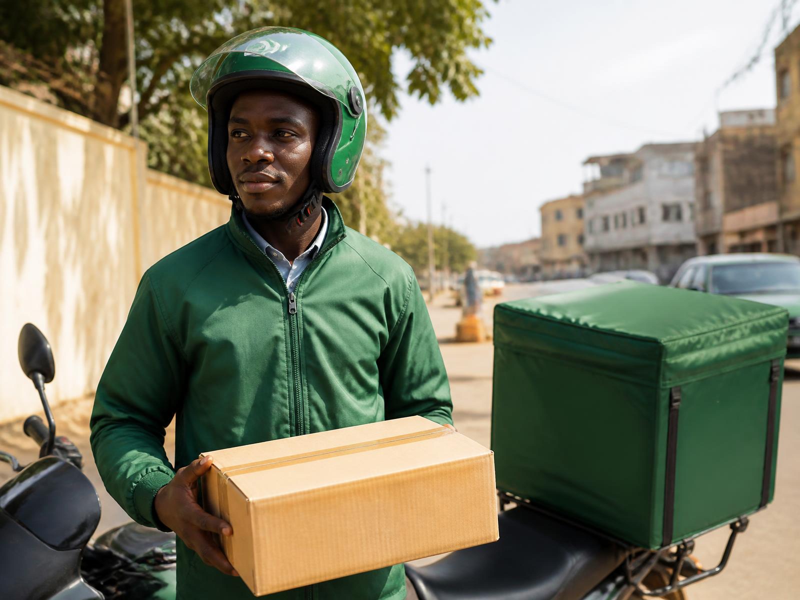 GhenFar delivery agent holding a parcel beside a motorbike on a Cameroonian street